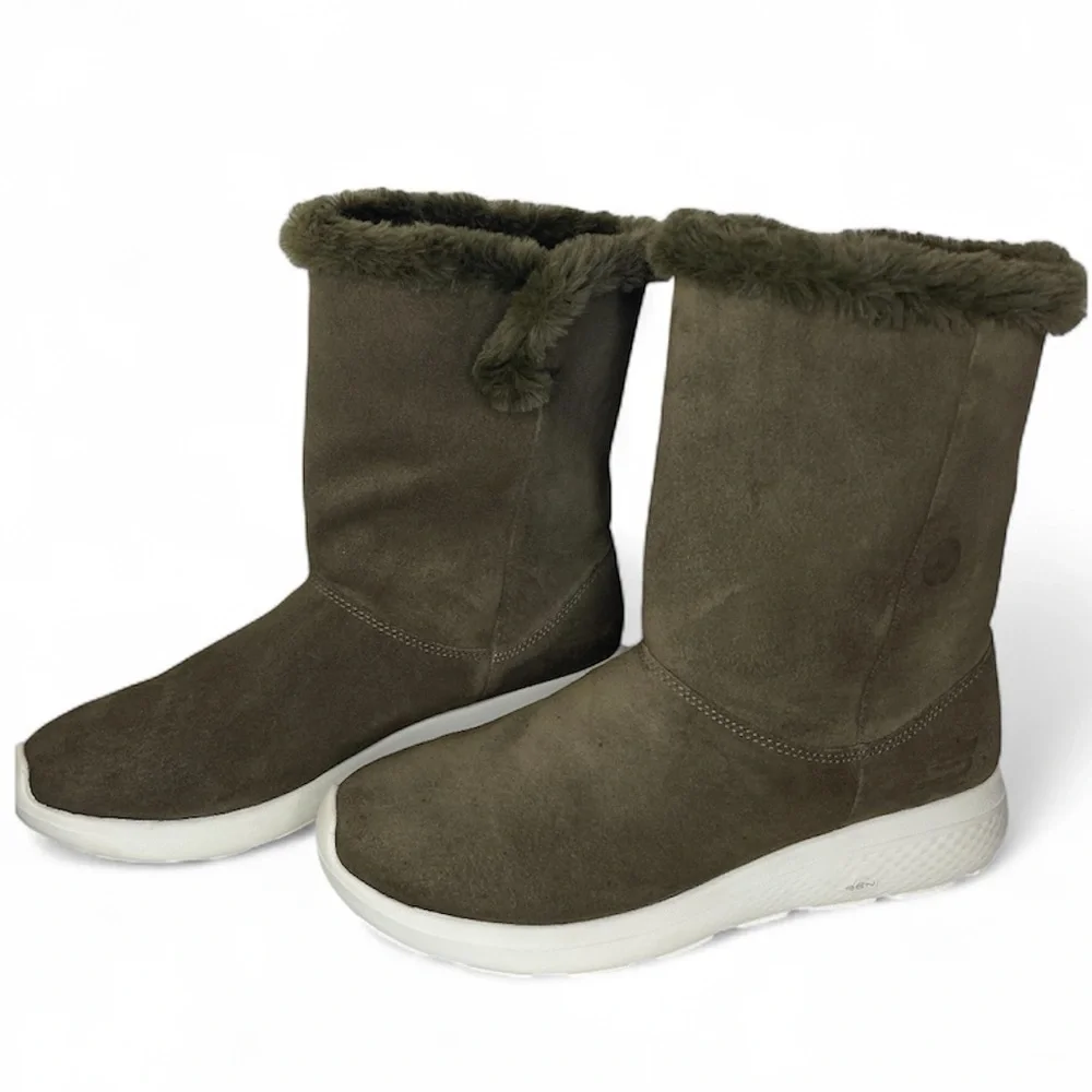Skechers GoWalk GogaMat Genuine Leather Suede Faux Fur Fold Down Boots Size 8